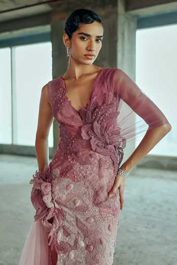 Buy Supria Munjal Mauve Tulle Applique, Fabric Flowers V-neck Botanical Embellished Gown Online at Aza Fashions Buy_Supria Munjal_Mauve Tulle Applique, Fabric Flowers V-neck Botanical Embellished Gown _Online_at_Aza_Fashions