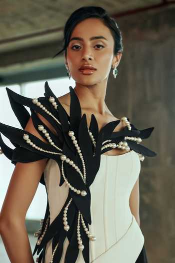 Buy Supria Munjal Black Crepe Pearls, Feathers Bandeau Neck Sculptural Gown Online at Aza Fashions Buy_Supria Munjal_Black Crepe Pearls, Feathers Bandeau Neck Sculptural Gown _Online_at_Aza_Fashions