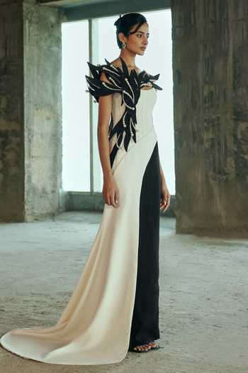 Shop Supria Munjal Black Crepe Pearls, Feathers Bandeau Neck Sculptural Gown Online at Aza Fashions Shop_Supria Munjal_Black Crepe Pearls, Feathers Bandeau Neck Sculptural Gown _Online_at_Aza_Fashions