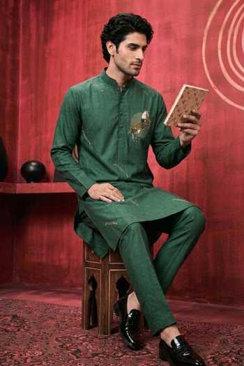 Heartistry By Anky Emerald Green Cotton Nawab Equestrian Motif Kurta Online at Aza Fashions Heartistry By Anky_Emerald Green Cotton Nawab Equestrian Motif Kurta _Online_at_Aza_Fashions