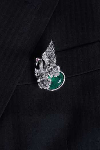 Modarta_Green Swan Crystal Ring Brooch _Online_at_Aza_Fashions
