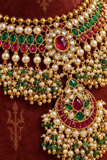 Shop_Tussya_Gold Plated Chandrika Kundan Necklace Set _Online_at_Aza_Fashions