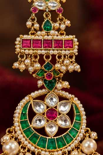 Tussya_Gold Plated Manjari Kundan Long Ear Chain Earrings _Online_at_Aza_Fashions