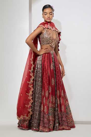 Aum By Asit And Ashima Red , Modal, Organza Sweetheart Cherry Ajrakh Printed Lehenga Set Online at Aza Fashions Aum By Asit And Ashima_Red , Modal, Organza Sweetheart Cherry Ajrakh Printed Lehenga Set _Online_at_Aza_Fashions