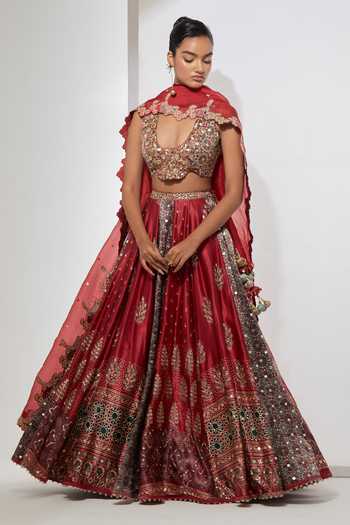 Aum By Asit And Ashima Cherry Red Ajrakh Printed Silk Lehenga Set 