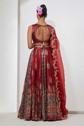 Aum By Asit And Ashima Cherry Red Ajrakh Printed Silk Lehenga Set 