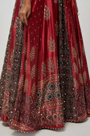 Shop Aum By Asit And Ashima Red , Modal, Organza Sweetheart Cherry Ajrakh Printed Lehenga Set Online at Aza Fashions Shop_Aum By Asit And Ashima_Red , Modal, Organza Sweetheart Cherry Ajrakh Printed Lehenga Set _Online_at_Aza_Fashions