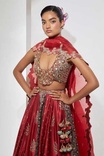 Aum By Asit And Ashima Red , Modal, Organza Sweetheart Cherry Ajrakh Printed Lehenga Set at Aza Fashions Aum By Asit And Ashima_Red , Modal, Organza Sweetheart Cherry Ajrakh Printed Lehenga Set _at_Aza_Fashions