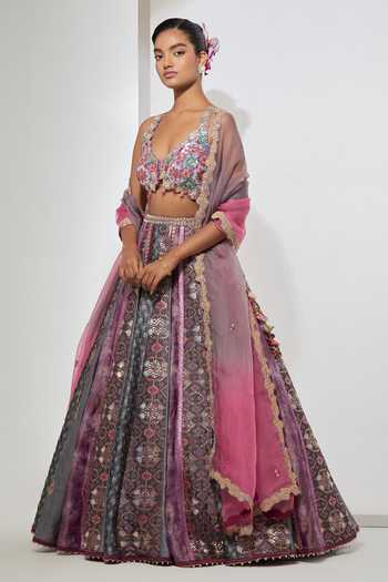 Aum By Asit And Ashima Grey , Tissue, Brocade, Organza V-neck Patchwork Lehenga Set Online at Aza Fashions Aum By Asit And Ashima_Grey , Tissue, Brocade, Organza V-neck Patchwork Lehenga Set _Online_at_Aza_Fashions