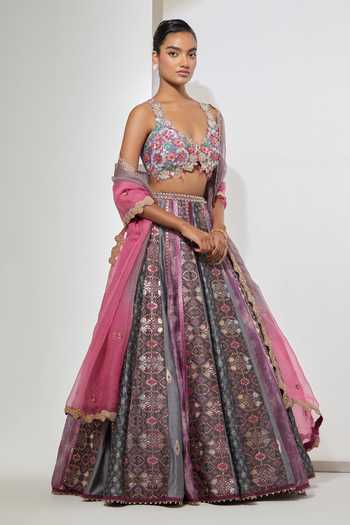 Buy Aum By Asit And Ashima Grey , Tissue, Brocade, Organza V-neck Patchwork Lehenga Set Online at Aza Fashions Buy_Aum By Asit And Ashima_Grey , Tissue, Brocade, Organza V-neck Patchwork Lehenga Set _Online_at_Aza_Fashions