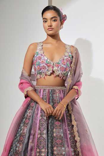 Shop Aum By Asit And Ashima Grey , Tissue, Brocade, Organza V-neck Patchwork Lehenga Set Online at Aza Fashions Shop_Aum By Asit And Ashima_Grey , Tissue, Brocade, Organza V-neck Patchwork Lehenga Set _Online_at_Aza_Fashions