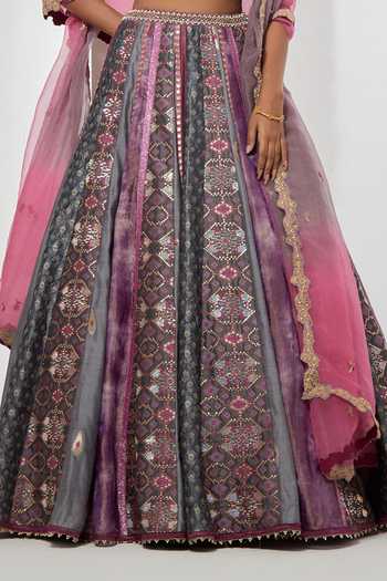 Aum By Asit And Ashima Grey , Tissue, Brocade, Organza V-neck Patchwork Lehenga Set at Aza Fashions Aum By Asit And Ashima_Grey , Tissue, Brocade, Organza V-neck Patchwork Lehenga Set _at_Aza_Fashions