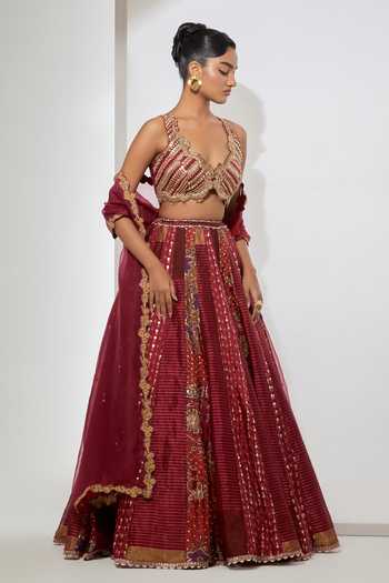Aum By Asit And Ashima Maroon , Tissue, Brocade, Organza Rani Pink Banarasi Lehenga Set Online at Aza Fashions Aum By Asit And Ashima_Maroon , Tissue, Brocade, Organza Rani Pink Banarasi Lehenga Set _Online_at_Aza_Fashions