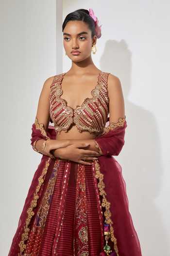 Shop Aum By Asit And Ashima Maroon , Tissue, Brocade, Organza Rani Pink Banarasi Lehenga Set Online at Aza Fashions Shop_Aum By Asit And Ashima_Maroon , Tissue, Brocade, Organza Rani Pink Banarasi Lehenga Set _Online_at_Aza_Fashions