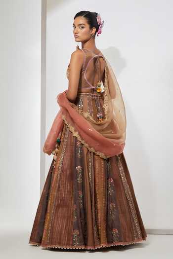 Aum By Asit And Ashima Brown , Tissue, Organza Amber Bloom Embroidered And Printed Lehenga Set Online at Aza Fashions Aum By Asit And Ashima_Brown , Tissue, Organza Amber Bloom Embroidered And Printed Lehenga Set _Online_at_Aza_Fashions