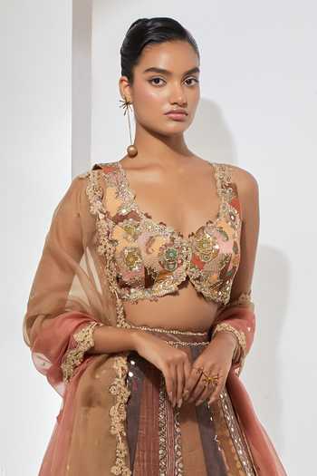 Buy Aum By Asit And Ashima Brown , Tissue, Organza Amber Bloom Embroidered And Printed Lehenga Set Online at Aza Fashions Buy_Aum By Asit And Ashima_Brown , Tissue, Organza Amber Bloom Embroidered And Printed Lehenga Set _Online_at_Aza_Fashions