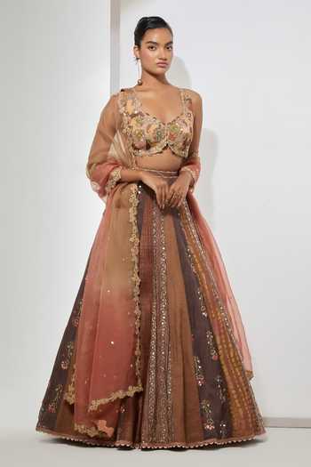 Shop Aum By Asit And Ashima Brown , Tissue, Organza Amber Bloom Embroidered And Printed Lehenga Set Online at Aza Fashions Shop_Aum By Asit And Ashima_Brown , Tissue, Organza Amber Bloom Embroidered And Printed Lehenga Set _Online_at_Aza_Fashions