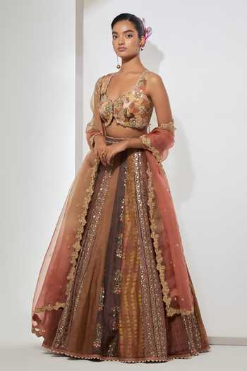 Aum By Asit And Ashima Brown , Tissue, Organza Amber Bloom Embroidered And Printed Lehenga Set at Aza Fashions Aum By Asit And Ashima_Brown , Tissue, Organza Amber Bloom Embroidered And Printed Lehenga Set _at_Aza_Fashions