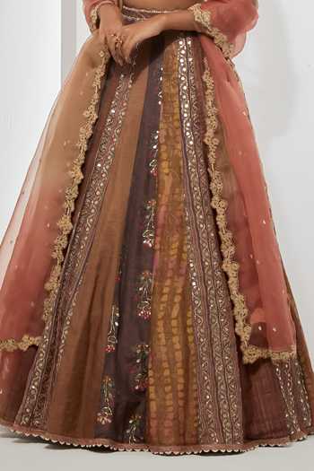 Buy Aum By Asit And Ashima Brown , Tissue, Organza Amber Bloom Embroidered And Printed Lehenga Set Buy_Aum By Asit And Ashima_Brown , Tissue, Organza Amber Bloom Embroidered And Printed Lehenga Set