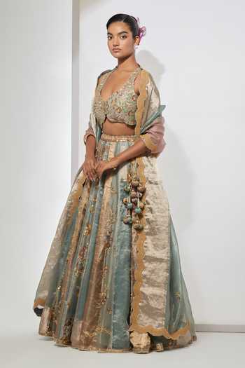 Aum By Asit And Ashima Aqua , , Tissue, Brocade, Floral Embroidered Lehenga Set Online at Aza Fashions Aum By Asit And Ashima_Aqua , , Tissue, Brocade, Floral Embroidered Lehenga Set _Online_at_Aza_Fashions