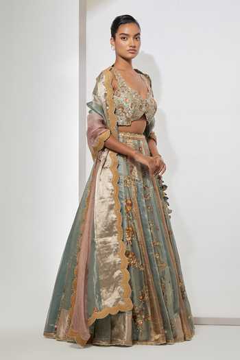 Buy Aum By Asit And Ashima Aqua , , Tissue, Brocade, Floral Embroidered Lehenga Set Online at Aza Fashions Buy_Aum By Asit And Ashima_Aqua , , Tissue, Brocade, Floral Embroidered Lehenga Set _Online_at_Aza_Fashions