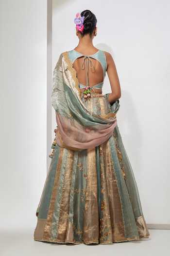 Aum By Asit And Ashima Aqua Floral Embroidered Lehenga Set 