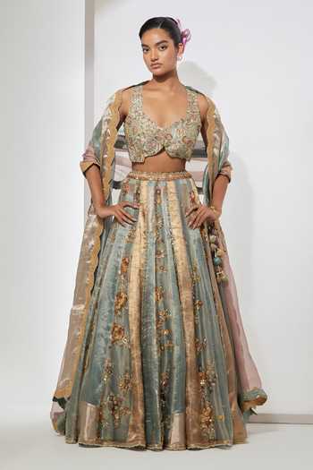 Aum By Asit And Ashima Aqua Floral Embroidered Lehenga Set 