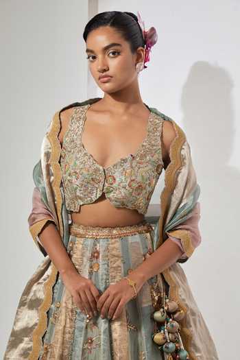Aum By Asit And Ashima Aqua , , Tissue, Brocade, Floral Embroidered Lehenga Set at Aza Fashions Aum By Asit And Ashima_Aqua , , Tissue, Brocade, Floral Embroidered Lehenga Set _at_Aza_Fashions