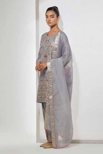 Aum By Asit And Ashima Grey Silk, Brocade, Organza Round Neck Embroidered Kurta Set Online at Aza Fashions Aum By Asit And Ashima_Grey Silk, Brocade, Organza Round Neck Embroidered Kurta Set _Online_at_Aza_Fashions