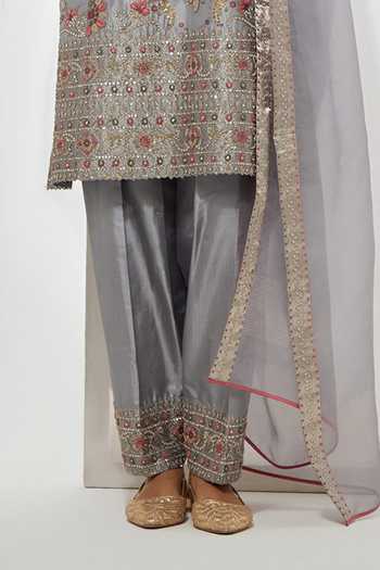 Buy Aum By Asit And Ashima Grey Silk, Brocade, Organza Round Neck Embroidered Kurta Set Online at Aza Fashions Buy_Aum By Asit And Ashima_Grey Silk, Brocade, Organza Round Neck Embroidered Kurta Set _Online_at_Aza_Fashions