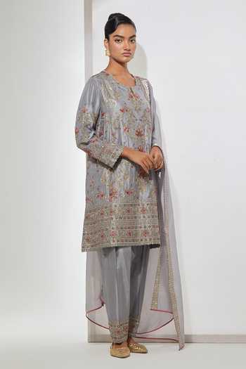 Shop Aum By Asit And Ashima Grey Silk, Brocade, Organza Round Neck Embroidered Kurta Set Online at Aza Fashions Shop_Aum By Asit And Ashima_Grey Silk, Brocade, Organza Round Neck Embroidered Kurta Set _Online_at_Aza_Fashions