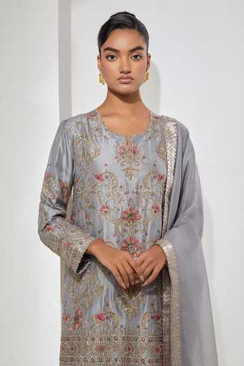 Aum By Asit And Ashima Grey Silk, Brocade, Organza Round Neck Embroidered Kurta Set at Aza Fashions Aum By Asit And Ashima_Grey Silk, Brocade, Organza Round Neck Embroidered Kurta Set _at_Aza_Fashions