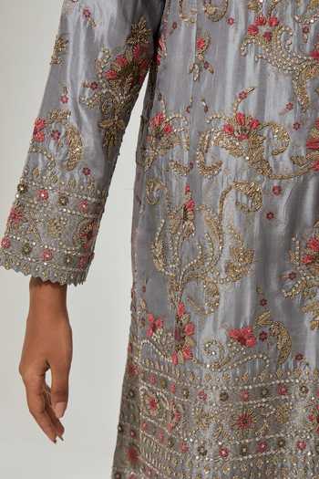 Buy Aum By Asit And Ashima Grey Silk, Brocade, Organza Round Neck Embroidered Kurta Set Buy_Aum By Asit And Ashima_Grey Silk, Brocade, Organza Round Neck Embroidered Kurta Set