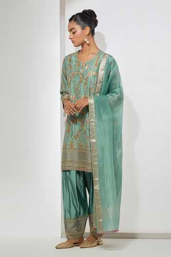 Aum By Asit And Ashima Mint , Brocade, Organza Round Neck, No Rain Storm Embroidered Kurta Set Online at Aza Fashions Aum By Asit And Ashima_Mint , Brocade, Organza Round Neck, No Rain Storm Embroidered Kurta Set _Online_at_Aza_Fashions