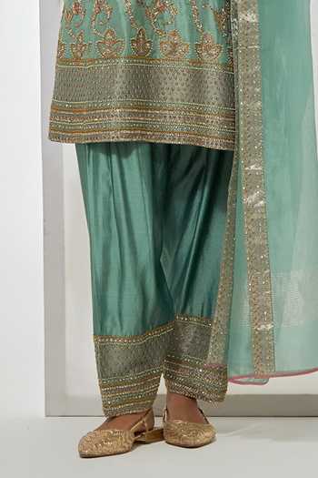 Shop Aum By Asit And Ashima Mint , Brocade, Organza Round Neck, No Rain Storm Embroidered Kurta Set Online at Aza Fashions Shop_Aum By Asit And Ashima_Mint , Brocade, Organza Round Neck, No Rain Storm Embroidered Kurta Set _Online_at_Aza_Fashions