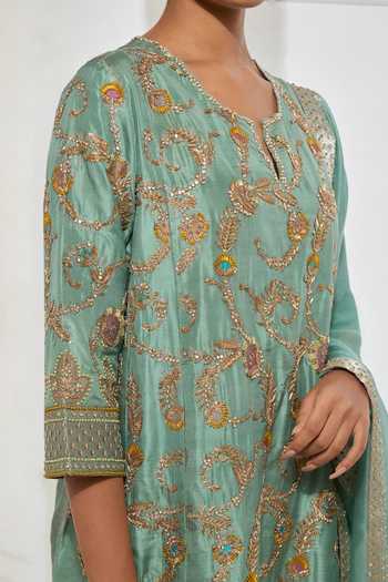 Buy Aum By Asit And Ashima Mint , Brocade, Organza Round Neck, No Rain Storm Embroidered Kurta Set Buy_Aum By Asit And Ashima_Mint , Brocade, Organza Round Neck, No Rain Storm Embroidered Kurta Set
