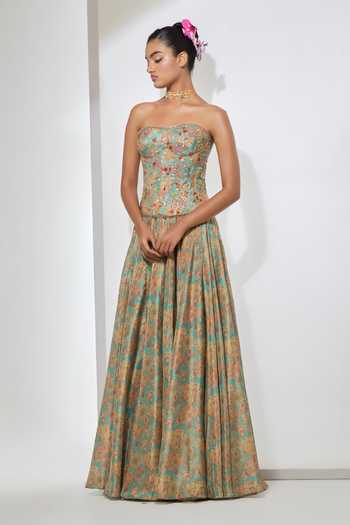Aum By Asit And Ashima Aqua Sequins, Beads, Stones, Applique, Paisley Work Corset And Printed Skirt Set Online at Aza Fashions Aum By Asit And Ashima_Aqua Sequins, Beads, Stones, Applique, Paisley Work Corset And Printed Skirt Set _Online_at_Aza_Fashions