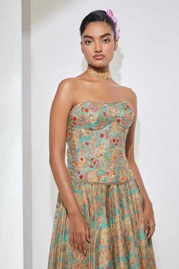 Shop Aum By Asit And Ashima Aqua Sequins, Beads, Stones, Applique, Paisley Work Corset And Printed Skirt Set Online at Aza Fashions Shop_Aum By Asit And Ashima_Aqua Sequins, Beads, Stones, Applique, Paisley Work Corset And Printed Skirt Set _Online_at_Aza_Fashions