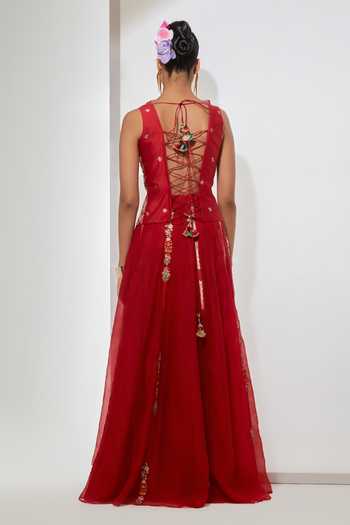 Aum By Asit And Ashima Gulab Crimson Silk Corset & Skirt Set 