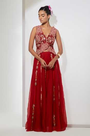 Aum By Asit And Ashima Gulab Crimson Silk Corset & Skirt Set 