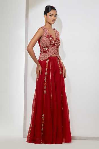 Aum By Asit And Ashima Red , Organza Embroidery, Zari Plunge Gulab Crimson Corset And Skirt Set Online at Aza Fashions Aum By Asit And Ashima_Red , Organza Embroidery, Zari Plunge Gulab Crimson Corset And Skirt Set _Online_at_Aza_Fashions