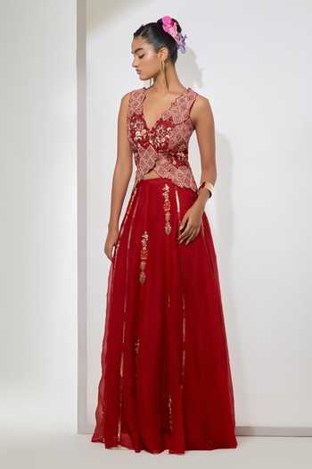 Buy Aum By Asit And Ashima Red , Organza Embroidery, Zari Plunge Gulab Crimson Corset And Skirt Set Online at Aza Fashions Buy_Aum By Asit And Ashima_Red , Organza Embroidery, Zari Plunge Gulab Crimson Corset And Skirt Set _Online_at_Aza_Fashions