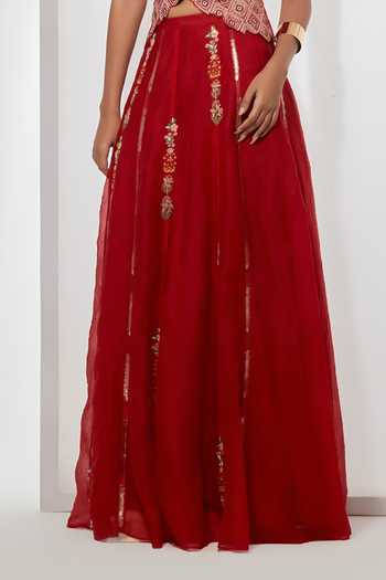 Shop Aum By Asit And Ashima Red , Organza Embroidery, Zari Plunge Gulab Crimson Corset And Skirt Set Online at Aza Fashions Shop_Aum By Asit And Ashima_Red , Organza Embroidery, Zari Plunge Gulab Crimson Corset And Skirt Set _Online_at_Aza_Fashions