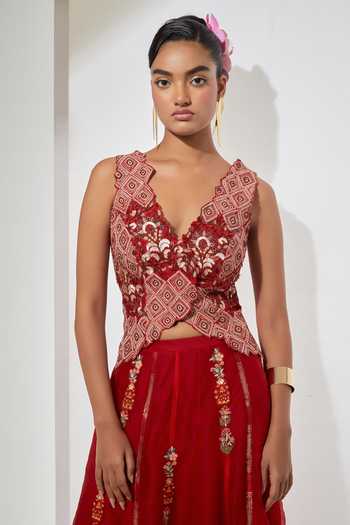 Aum By Asit And Ashima Red , Organza Embroidery, Zari Plunge Gulab Crimson Corset And Skirt Set at Aza Fashions Aum By Asit And Ashima_Red , Organza Embroidery, Zari Plunge Gulab Crimson Corset And Skirt Set _at_Aza_Fashions