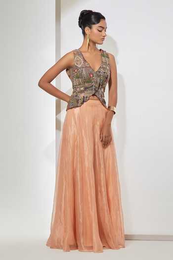 Shop Aum By Asit And Ashima Black Silk, Organza V-neck Noor Embroidered Corset And Skirt Set Online at Aza Fashions Shop_Aum By Asit And Ashima_Black Silk, Organza V-neck Noor Embroidered Corset And Skirt Set _Online_at_Aza_Fashions