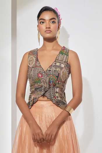 Aum By Asit And Ashima Black Silk, Organza V-neck Noor Embroidered Corset And Skirt Set at Aza Fashions Aum By Asit And Ashima_Black Silk, Organza V-neck Noor Embroidered Corset And Skirt Set _at_Aza_Fashions