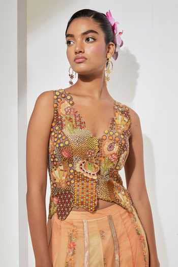 Aum By Asit And Ashima Peach , Tissue, Organza Sequins, Meher Embroidered Corset And Skirt Set at Aza Fashions Aum By Asit And Ashima_Peach , Tissue, Organza Sequins, Meher Embroidered Corset And Skirt Set _at_Aza_Fashions