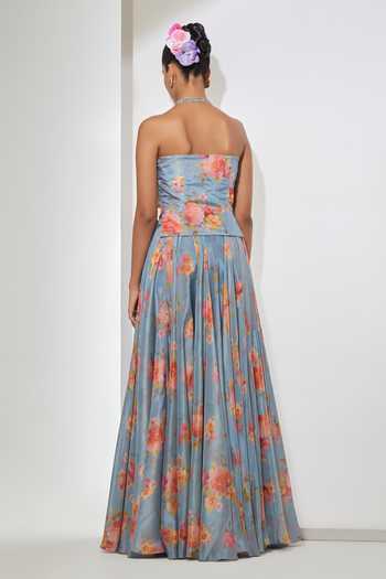 Aum By Asit And Ashima Azure Bloom Embroidered Corset & Printed Skirt Set 