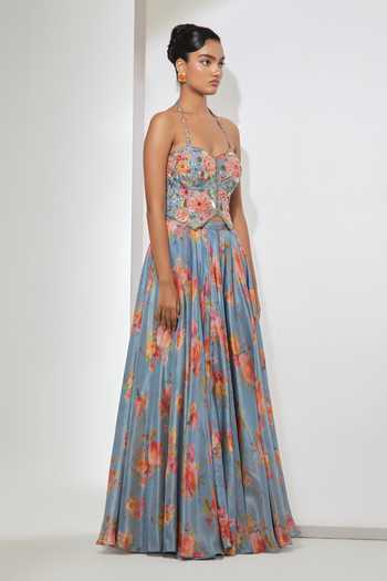 Aum By Asit And Ashima Azure Bloom Embroidered Corset & Printed Skirt Set 