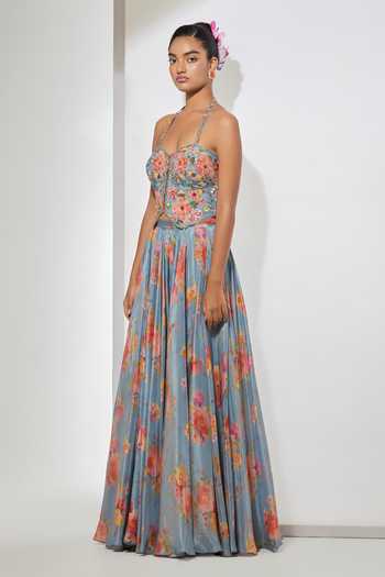 Aum By Asit And Ashima Blue Sequins, Beads, Crystals Azure Bloom Embroidered Corset And Printed Skirt Set Online at Aza Fashions Aum By Asit And Ashima_Blue Sequins, Beads, Crystals Azure Bloom Embroidered Corset And Printed Skirt Set _Online_at_Aza_Fashions